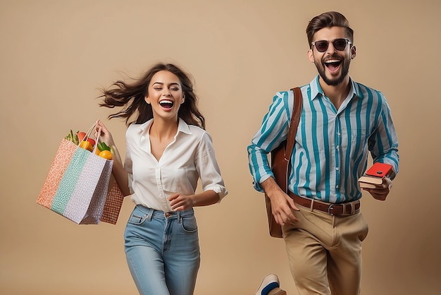 Photo young couple having fun running with shopping bags against the beige background