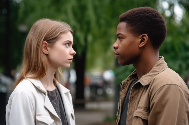 A young couple having a serious discussion while standing outside