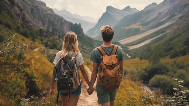 A young couple hiking in the mountains holding hands