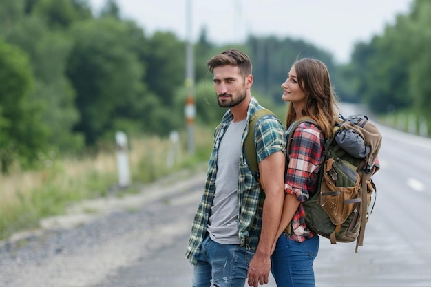 Photo young couple hitchhiking on roadside