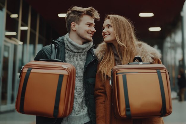 Photo young couple holding hands and smiling as they embark on a new journey together carrying matching s