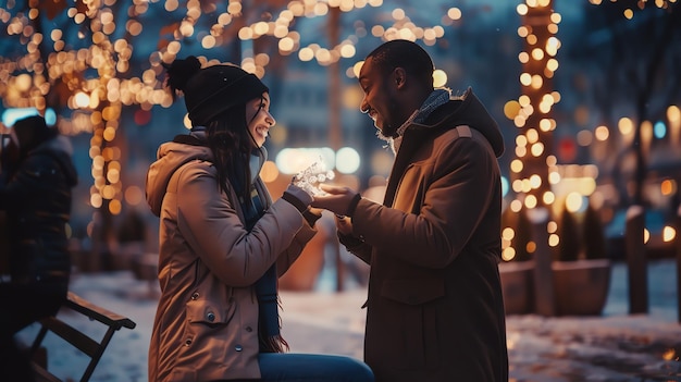 Young couple holding hands with sparklers in the city at night The man and woman are smiling and looking at each other