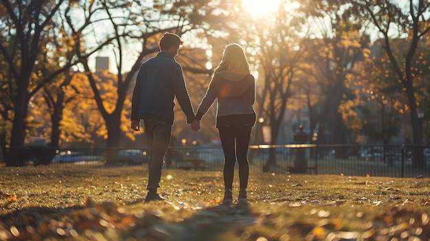 A young couple holds hands while walking through a park with autumn leaves on the ground