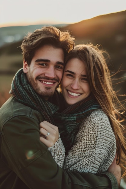 Photo young couple hugging and smiling generative ai