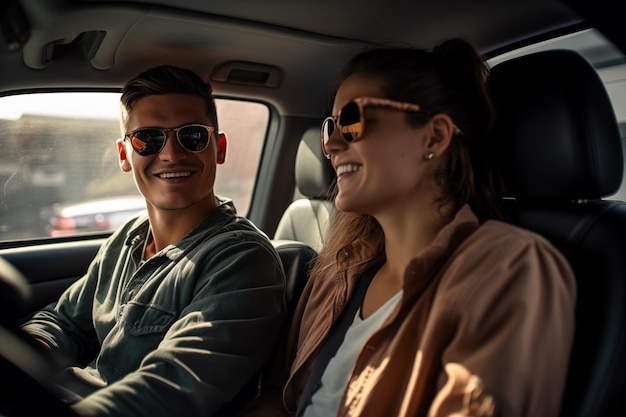 Young couple inside a car and happy