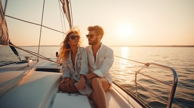 A young couple is having a great time together on a yacht while enjoying the sun Generative AI