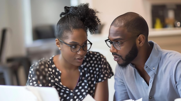 Photo a young couple is looking at something on a laptop the woman is smiling and the man is looking at her with a serious expression