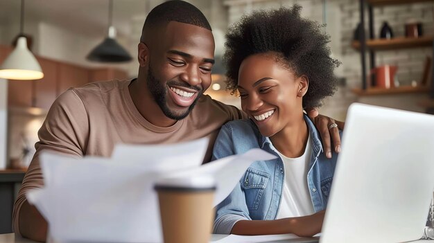 Photo a young couple is sitting at a table in their home looking at a laptop they are both smiling and appear to be happy