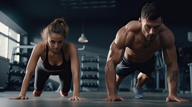 Young couple is working out at gym Attractive woman and handsome muscular man are training in light