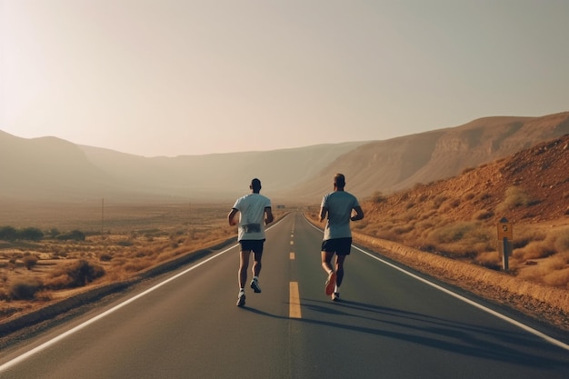 Young couple jogging on a country road at sunset