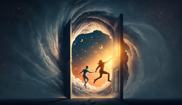 A young couple jumping to the fantasy white space from the behind the door