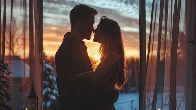 Photo a young couple kisses in front of a window as the sun sets