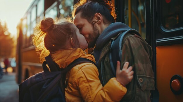 Photo young couple kissing goodbye at the bus stop