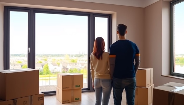 Young couple leaving their home with things packed in boxes moving concept back view AI generated