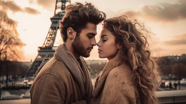 Young couple in love at Eiffel Tower Generative ai