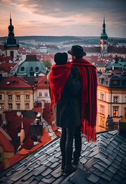 A young couple in love stands on the roof and looks down on Prague