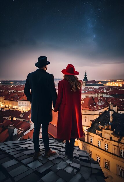 A young couple in love stands on the roof and looks down on Prague