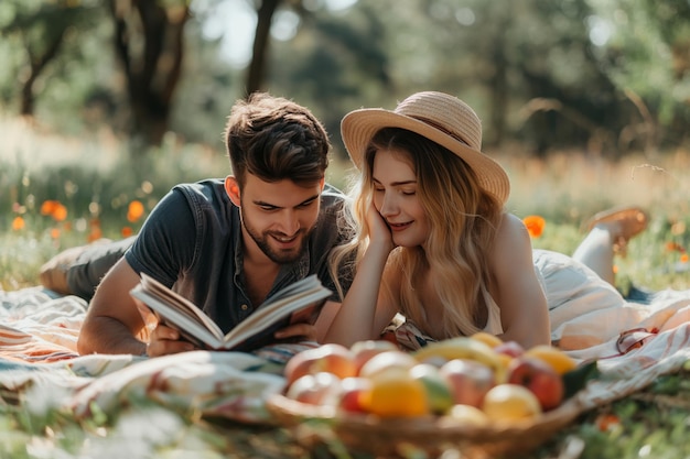 Young couple lying down reading a movie on a mat While having a picnic in the park Enjoy the fruit basket The concept of love and holiday relaxation