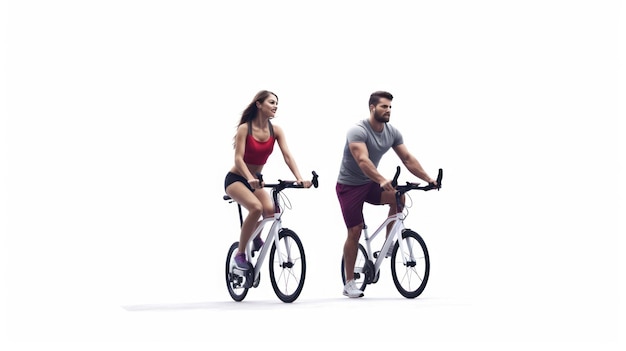 Young couple of men and women cycling on a white background A woman and a man walking on bicycles in full growth