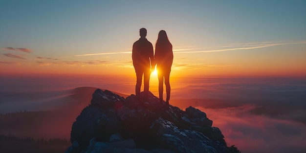 Photo young couple on mount twatching at sunrise captured by a drone concept mountain sunrise drone photography young couple romantic moment