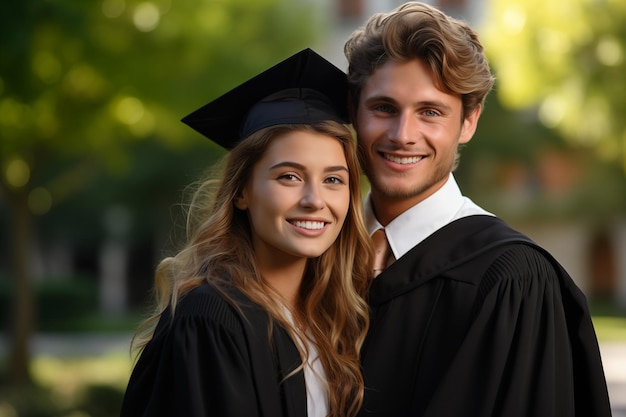 Young couple at outdoors dressing university graduate clothes