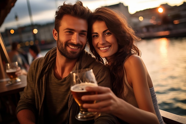 Young couple at outdoors drinking beer