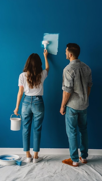 Young couple painting a blue wall