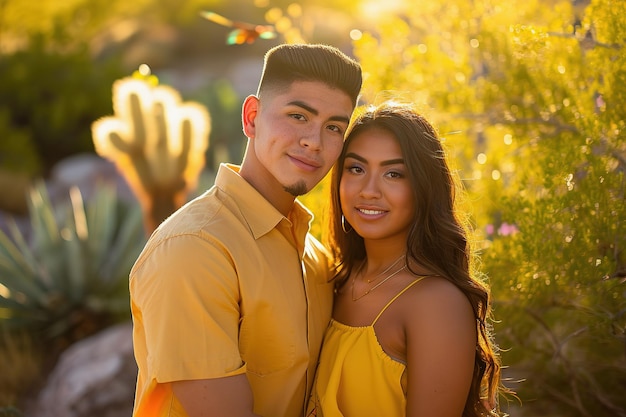 Young couple posing in sunset light