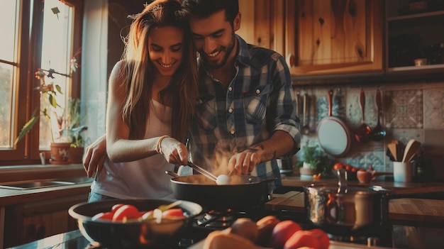 Photo young couple preparing food in the kitchen couple in love cooking man with a beard and a woman cooking in the kitchen happy young people