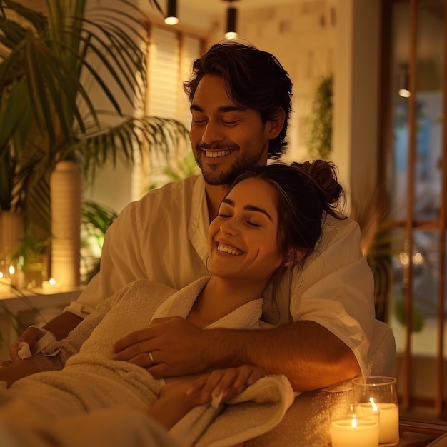 Photo a young couple receiving a couples massage exchanging funny glances and smiles in a spa with soft romantic lighting