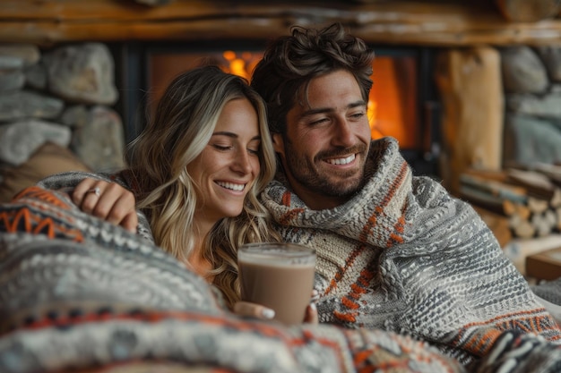 A young couple relaxes in a cozy cabin enjoying the peace and quiet of nature