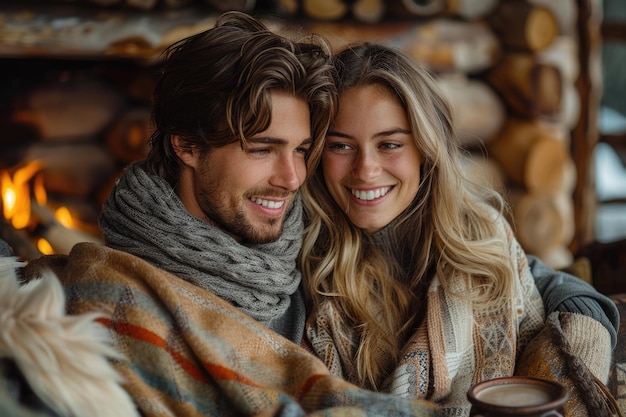 A young couple relaxes in a cozy cabin enjoying the peace and quiet of nature