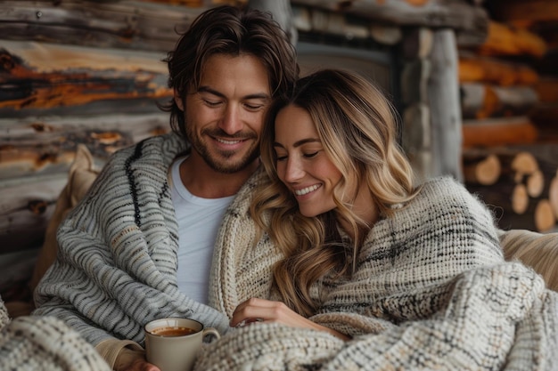 A young couple relaxes in a cozy cabin enjoying the peace and quiet of nature