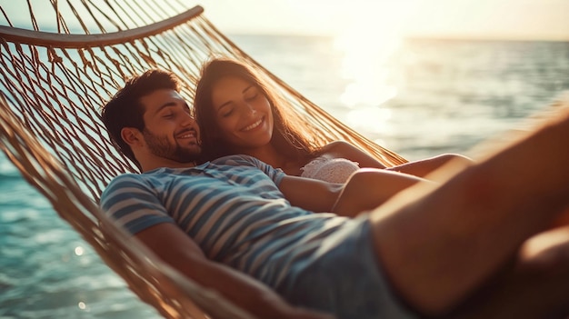 Photo young couple relaxing in hammock on beach closeup