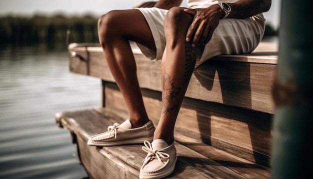 Young couple resting on wooden jetty enjoying summer generated by AI