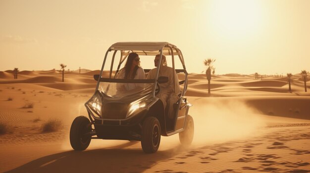 A young couple rides in a buggy through the desert in the UAE