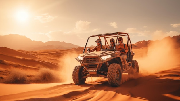 A young couple rides in a buggy through the desert in the UAE