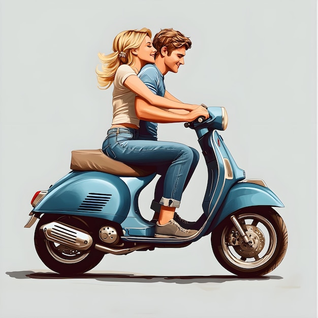 Young couple riding a scooter Isolated on gray background