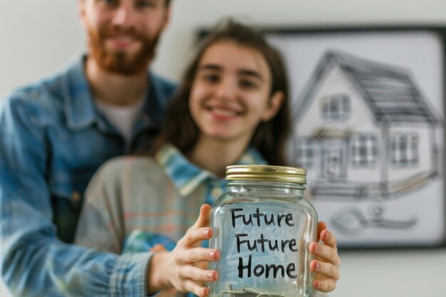 Photo young couple saving for future home with money jar representing financial planning and homeownership