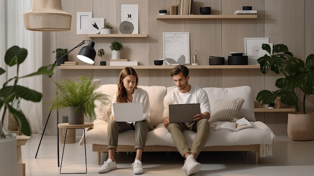 a young couple seated in a minimalist militarythemed interior each engrossed in online shopping