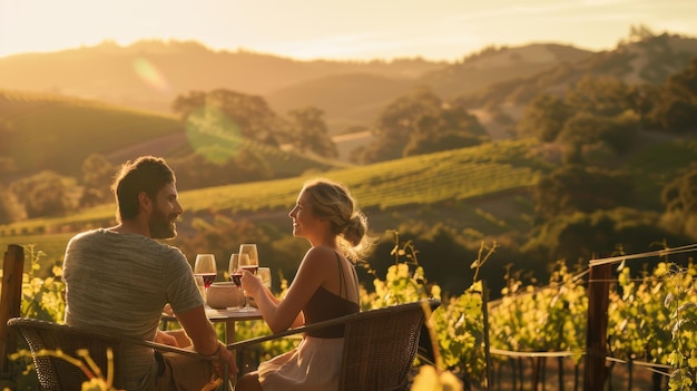 Young couple shares a romantic sunset in a vineyard sipping wine and cherishing the moment