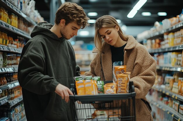 Photo young couple shopping in supermarket