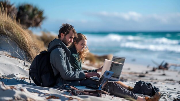 Photo a young couple sits on a beach using their laptops