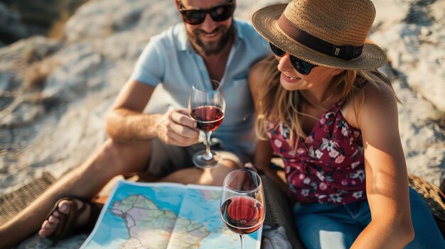 Photo young couple sitting on a rock enjoying the sunset and drinking wine they are looking at a map and planning their next adventure