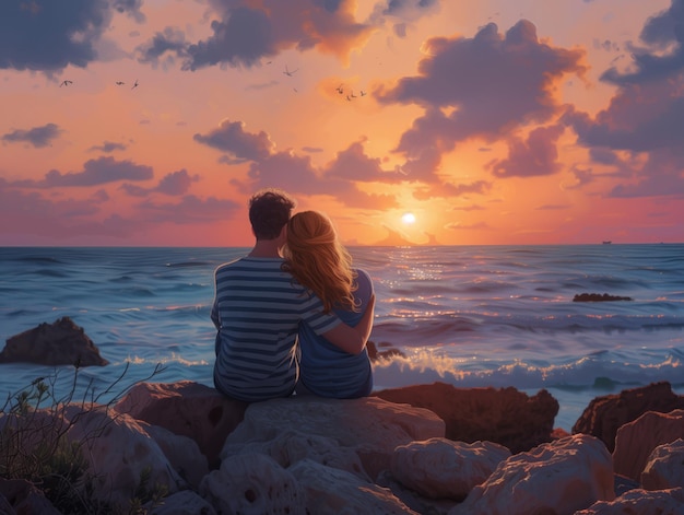 A young couple sitting on rocks by the sea watching the sunset and fishing