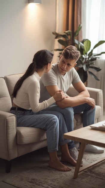 Young couple sitting on sofa frustrated wife turned away from husband he folded arms apologizes to