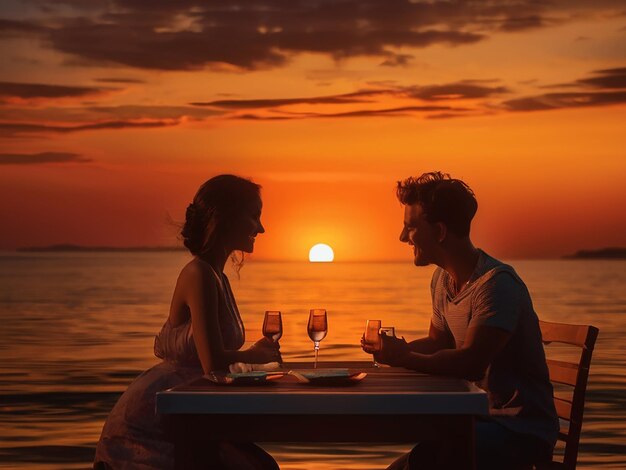 Young couple sitting at a table enjoying a romantic sunset