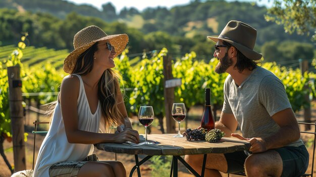 Photo young couple sitting at a table in a vineyard drinking wine and talking