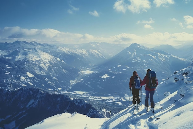 Young couple skiing on Austria Salzburg Alps mountains