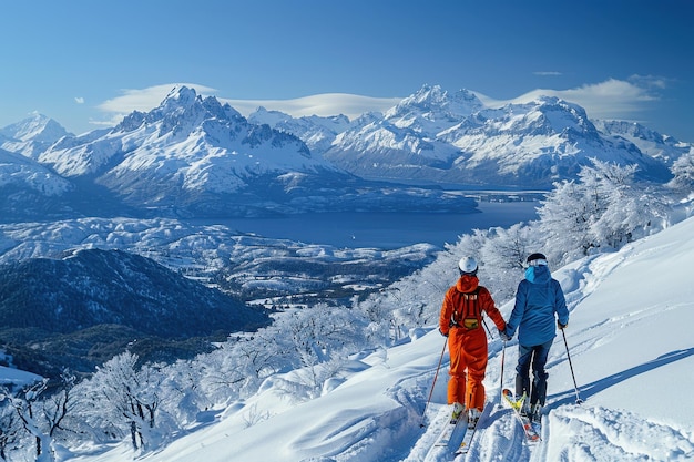 Young Couple Skiing in Snowy Andes in Bariloche